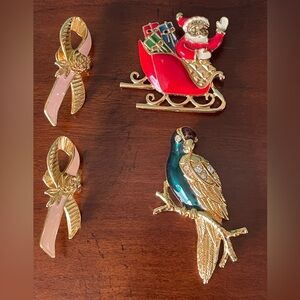 Vintage Avon Brooch Pin Parrot Rhinestone Breast Cancer Ribbon Santa Enamel